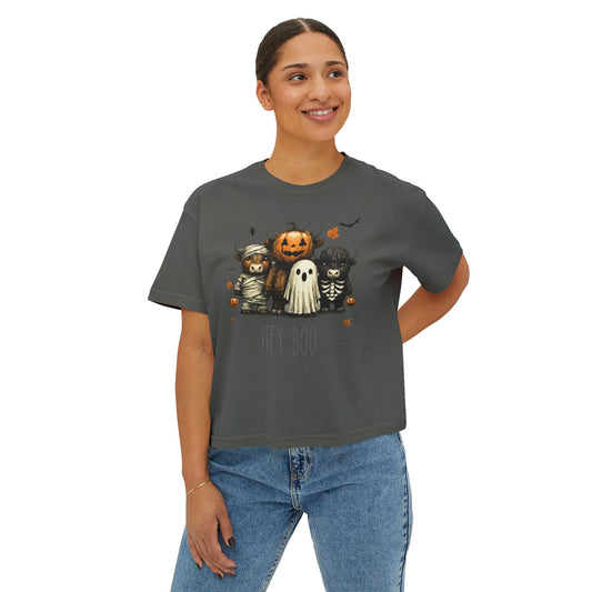 Cute Halloween Cow 'Hey Boo' Comfort Colors 3023CL Shirt, Women's Boxy Tee, Halloween Costume, Fall Outfit, Funny Animal Top, Graphic Tee