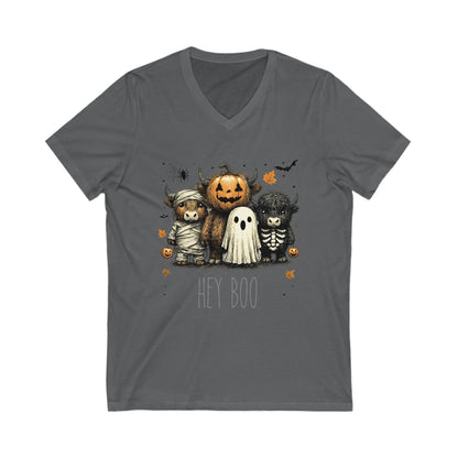 Cute Halloween Cow 'Hey Boo' V-Neck Tee, Halloween Shirt, Halloween Costume, Cow Lover Gift, Hey Boo V Neck, Halloween Party Outfit