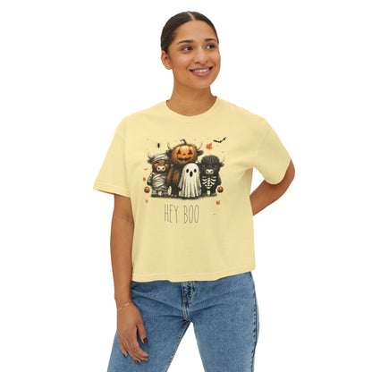 Cute Halloween Cow 'Hey Boo' Comfort Colors 3023CL Shirt, Women's Boxy Tee, Halloween Costume, Fall Outfit, Funny Animal Top, Graphic Tee